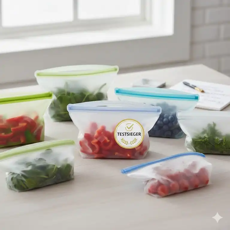 Ein umfassender silikon lebensmittelbeutel test mit verschiedenen Modellen und frischem Gemüse.