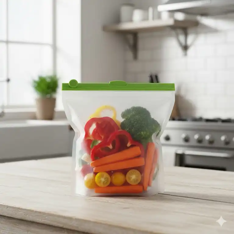 Ein transparenter Silikonbeutel 1 Liter gefüllt mit frischem Gemüse auf einem Küchentisch.