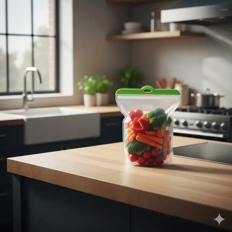 Ein transparenter silikonbeutel 2 liter gefüllt mit frischem Gemüse auf einer Küchenarbeitsplatte.