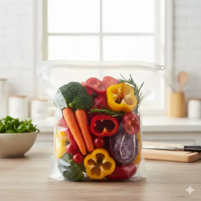 Ein transparenter silikonbeutel groß gefüllt mit frischem Gemüse in einer modernen Küche.