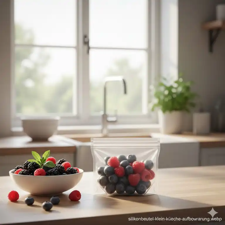 Ein silikonbeutel klein gefüllt mit frischen Beeren in einer modernen Küche zur nachhaltigen Aufbewahrung.