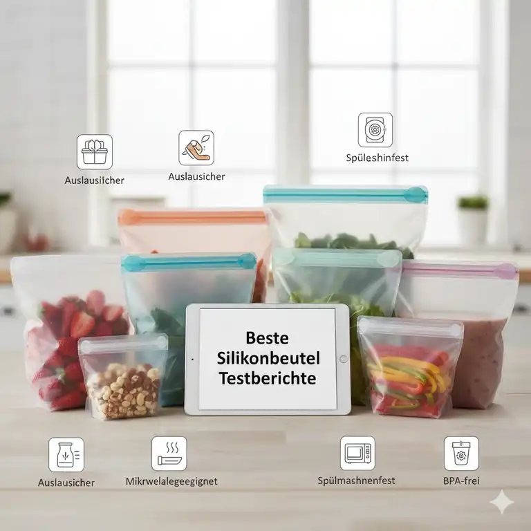 Beste Silikonbeutel Testberichte: Vergleich von sieben wiederverwendbaren Silikonbeuteln in verschiedenen Größen und Farben für Lebensmittel.