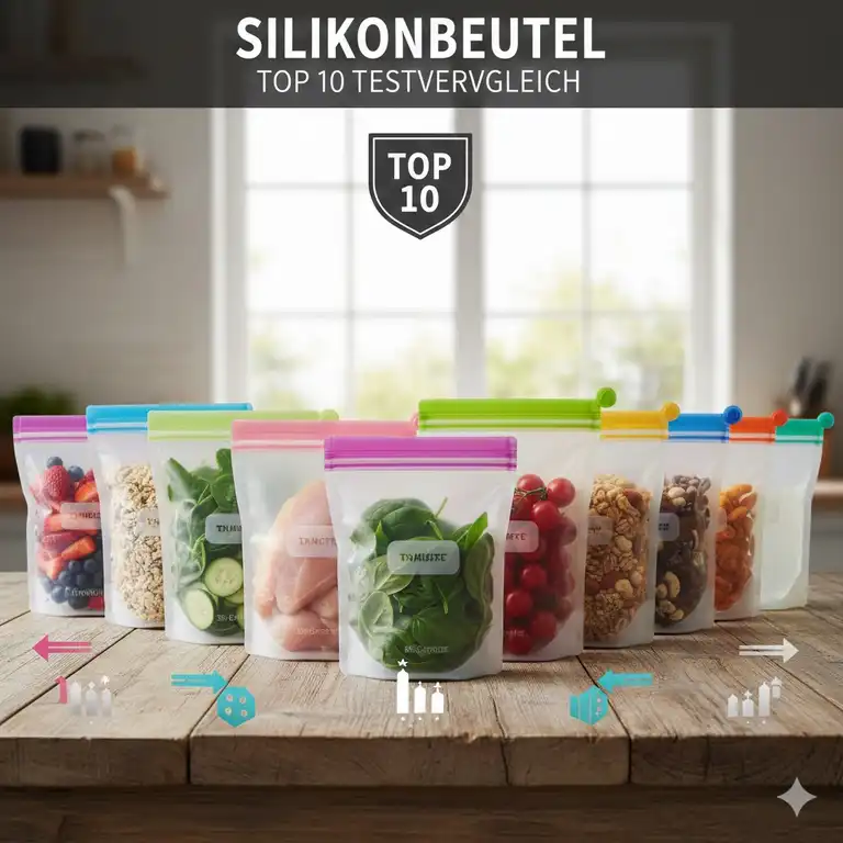 Silikonbeutel Top 10 Test – Verschiedene wiederverwendbare Silikonbeutel Marken nebeneinander, gefüllt mit Lebensmitteln, um die besten Modelle zu vergleichen.