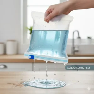 Der Auslaufschutz im silikon lebensmittelbeutel test zeigt die Dichtigkeit bei Flüssigkeiten.