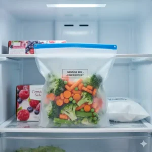 Der beste silikonbeutel top 10 test Gewinner wird zum Einfrieren von Gemüse im Gefrierschrank verwendet, um die Gefrier- und Dichtigkeit zu demonstrieren.