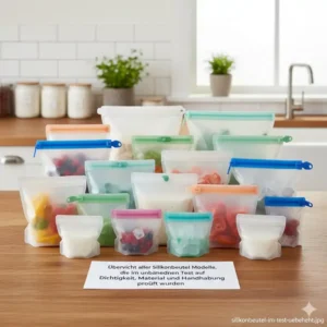 Übersicht aller im Silikonbeutel unabhängiger Test bewerteten Produkte hinsichtlich Größe und Verschlussart.