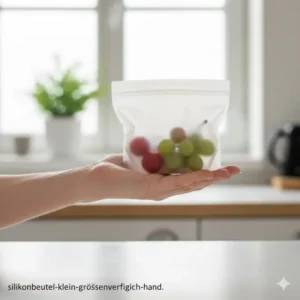 Größenvergleich eines silikonbeutel klein in einer Hand zur Veranschaulichung der kompakten Maße.