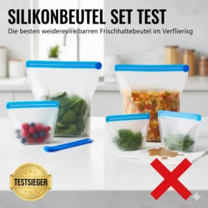 Overall product view: What's included in the silikonbeutel set test and the different bag sizes.