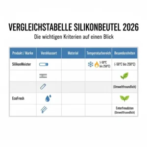 Vergleichstabelle Silikonbeutel 2026: Darstellung der wichtigsten Kriterien wie Verschlussart und Hitzebeständigkeit.