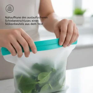 Nahaufnahme des auslaufsicheren Schiebeverschlusses eines Silikonbeutels aus dem Test (Teil der beste silikonbeutel Auswahl).