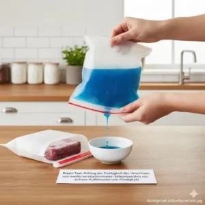 Detailaufnahme der Dichtigkeitsprüfung des Verschlusses beim Silikonbeutel unabhängiger Test.