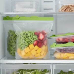 Ein Silikonbeutel 1 Liter zur platzsparenden Aufbewahrung von Lebensmitteln im Gefrierschrank.