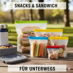 Silikonbeutel top 10 test zeigt die Verwendung für Snacks und Sandwich in verschiedenen Größen, perfekt für die Lunchbox oder unterwegs.
