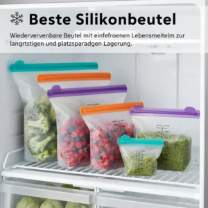 Beste Silikonbeutel: Wiederverwendbare Beutel mit eingefrorenen Lebensmitteln zur langfristigen und platzsparenden Lagerung.