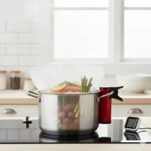 Ein silikonbeutel groß wird zum professionellen Sous-vide-Garen in einem Wassertopf verwendet.