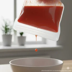 Nahaufnahme des luftdichten Verschlusses eines silikonbeutel klein für flüssige Lebensmittel.