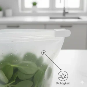 Nahaufnahme eines Silikonbeutel-Verschlusses, der die luftdichte Funktionalität demonstriert (relevant für Silikonbeutel Vergleich 2026)