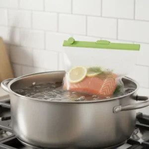 Hitzebeständiger Silikonbeutel 1 Liter beim Kochen in heißem Wasser.