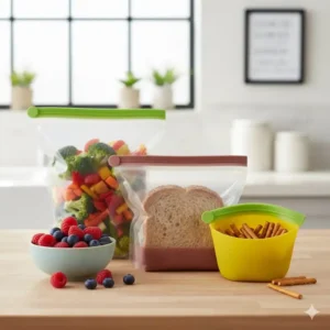 Drei verschieden große Silikonbeutel mit frischen Lebensmitteln wie Gemüse und Snacks (relevant für Silikonbeutel Vergleich 2026).