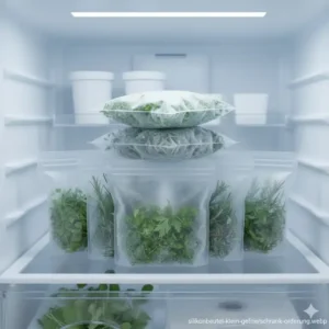 Mehrere silikonbeutel klein ordentlich gestapelt im Gefrierschrank zum Einfrieren von Kräutern.