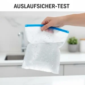 Ein silikonbeutel top 10 test für Auslaufsicherheit: Ein Beutel gefüllt mit Wasser, auf den Kopf gestellt, um die Dichtheit des Verschlusses zu beweisen.