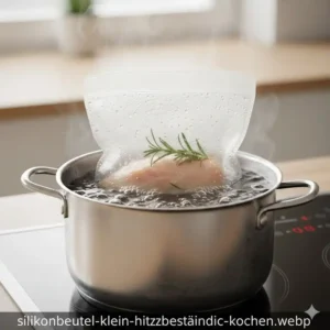 Ein silikonbeutel klein in einem Topf mit kochendem Wasser zur Demonstration der Hitzebeständigkeit.