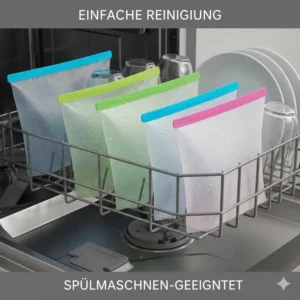 Die einfache Reinigung der silikonbeutel top 10 test Modelle: Geöffnete, stehende Silikonbeutel im oberen Korb einer Spülmaschine.