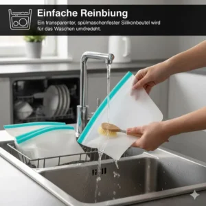 Einfache Reinigung: Ein transparenter, spülmaschinenfester Silikonbeutel wird für das Waschen umgedreht (getestet im Rahmen der silikonbeutel testberichte).