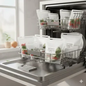 Mehrere wiederverwendbare Silikonbeutel stehen zur einfachen Reinigung kopfüber im Geschirrspüler, geprüft im silikonbeutel test 2026.