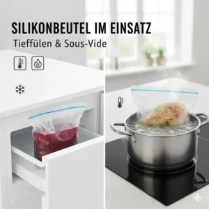 Silikonbeutel im Einsatz zum Einfrieren von Suppe und für das Sous-Vide-Kochen. Ergebnisse basierend auf dem Silikonbeutel Vergleich 2026.