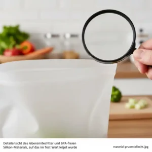 Prüfung der Materialqualität und Lebensmittelechtheit beim Silikonbeutel unabhängiger Test.