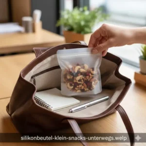 Ein silikonbeutel klein mit Nüssen und Snacks in einer Handtasche für unterwegs.