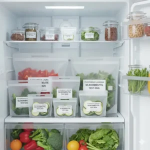 Platzsparende Organisation und Lagerung von Lebensmitteln im Kühlschrank mit farbigen Beuteln, bewertet im silikonbeutel test 2026.