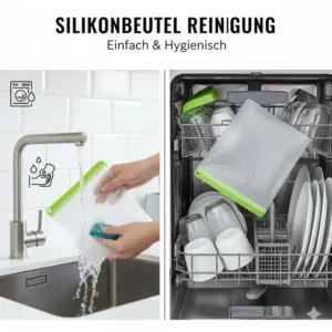 Illustration zur einfachen Reinigung eines wiederverwendbaren Silikonbeutels in der Spülmaschine (wichtig für Silikonbeutel Vergleich 2026).
