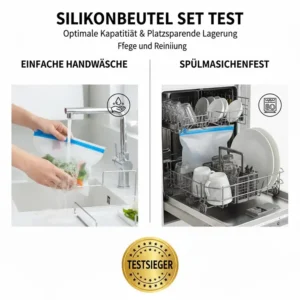 Cleaning instructions: Showing the dishwasher safety of the bags featured in the silikonbeutel set test.