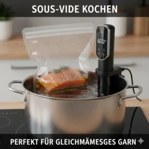 Ein silikonbeutel top 10 test Modell im Einsatz für Sous-Vide: Ein mit Fleisch und Marinade gefüllter, versiegelter Silikonbeutel im Wasserbad.