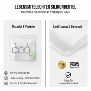 Symbolische Darstellung des lebensmittelechten Materials für den Silikonbeutel Vergleich 2026.