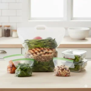 Gesunde Mahlzeiten vorbereiten und aufbewahren mit dem praktischen silikonbeutel groß.