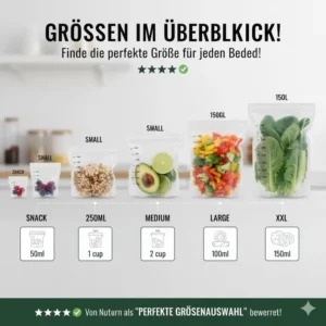 Übersicht der verfügbaren Größen im Rahmen der silikonbeutel bewertungen.