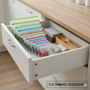 Platzsparende Aufbewahrung der Testsieger aus dem silikon lebensmittelbeutel test in der Küche.