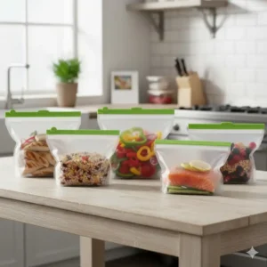 Mehrere Silikonbeutel 1 Liter für die perfekte Organisation von Meal Prep Mahlzeiten.