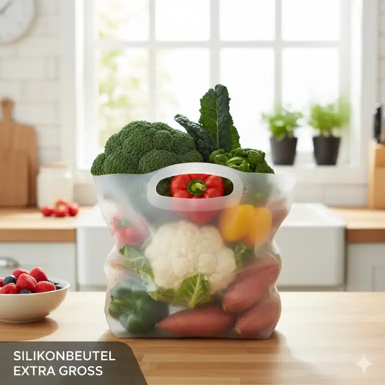 Ein transparenter Silikonbeutel extra groß gefüllt mit frischem Gemüse in einer hellen Küche.