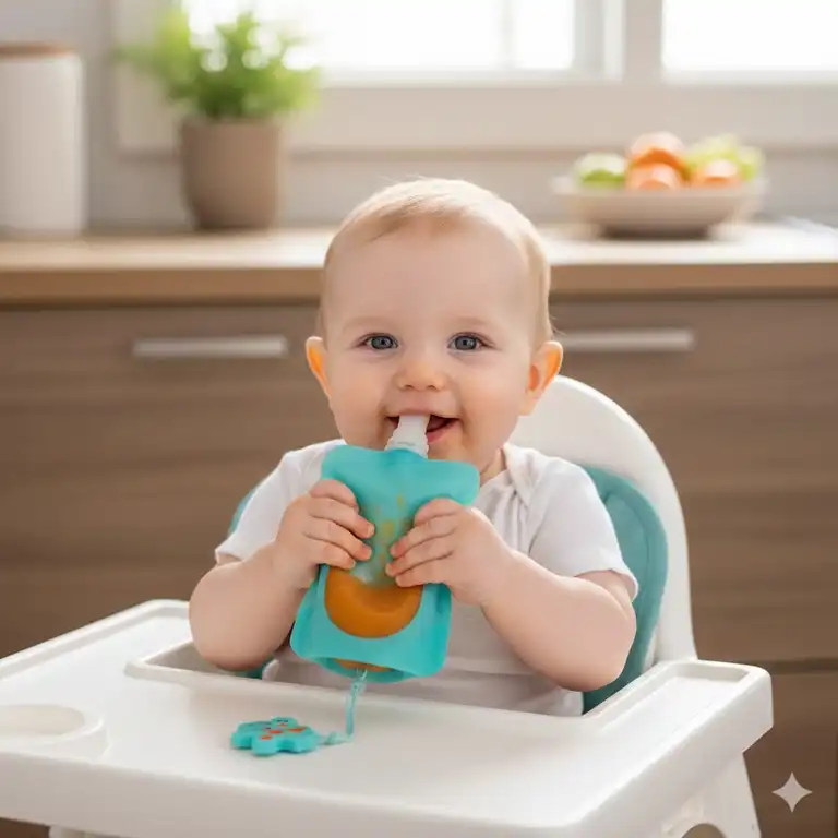 Ein Baby benutzt einen Silikonbeutel für Babybrei am Esstisch.