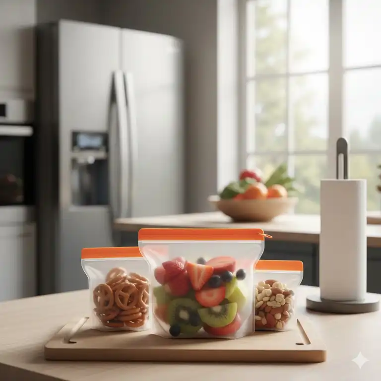 Moderne Küche mit verschiedenen silikonbeutel für snacks auf einer Arbeitsplatte aus Holz.