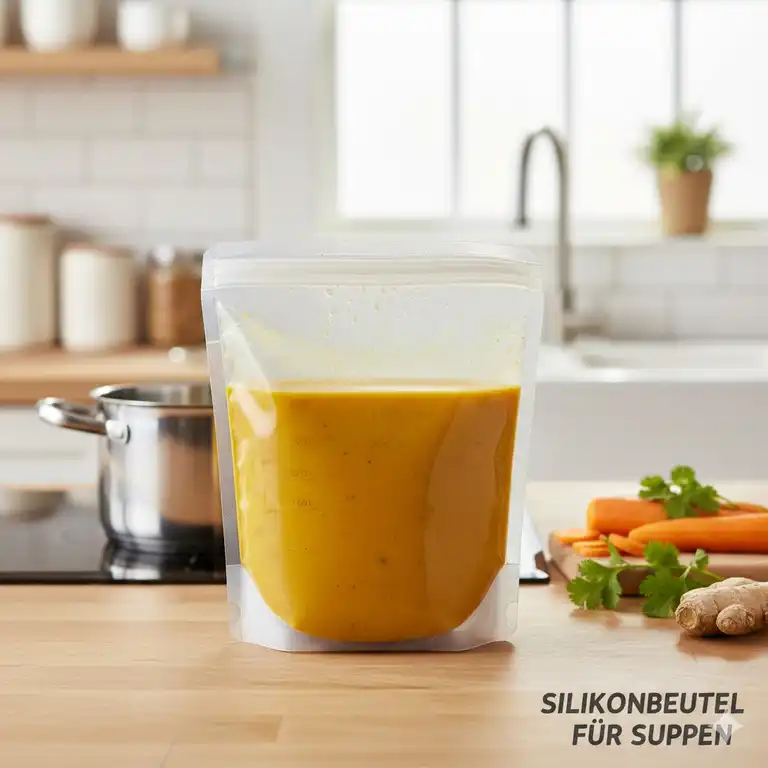 Ein hochwertiger silikonbeutel für suppen steht gefüllt auf einer Küchentheke.
