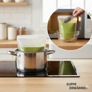 Das sichere Erhitzen von Nahrung im silikonbeutel für suppen im Wasserbad.