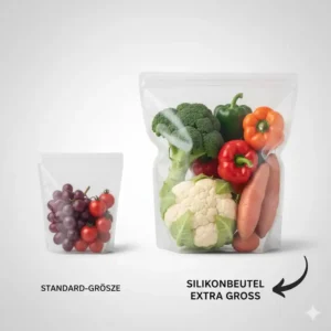 Ein direkter Größenvergleich zwischen einem Standardbeutel und einem Silikonbeutel extra groß.