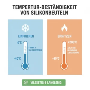 Infografik zeigt die Temperaturbeständigkeit der Silikonbeutel für einfrieren und erhitzen.