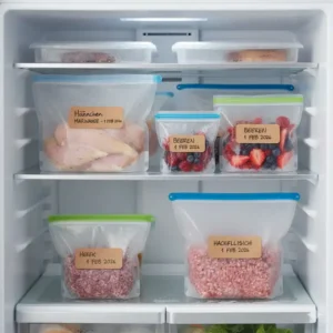 Organisierte Aufbewahrung im Gefrierschrank mit beschrifteten Silikonbeutel fürs Meal Prep.