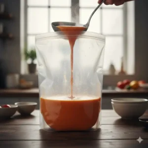 Nahaufnahme wie man Flüssigkeit sicher in einen silikonbeutel mit standboden einfüllt.